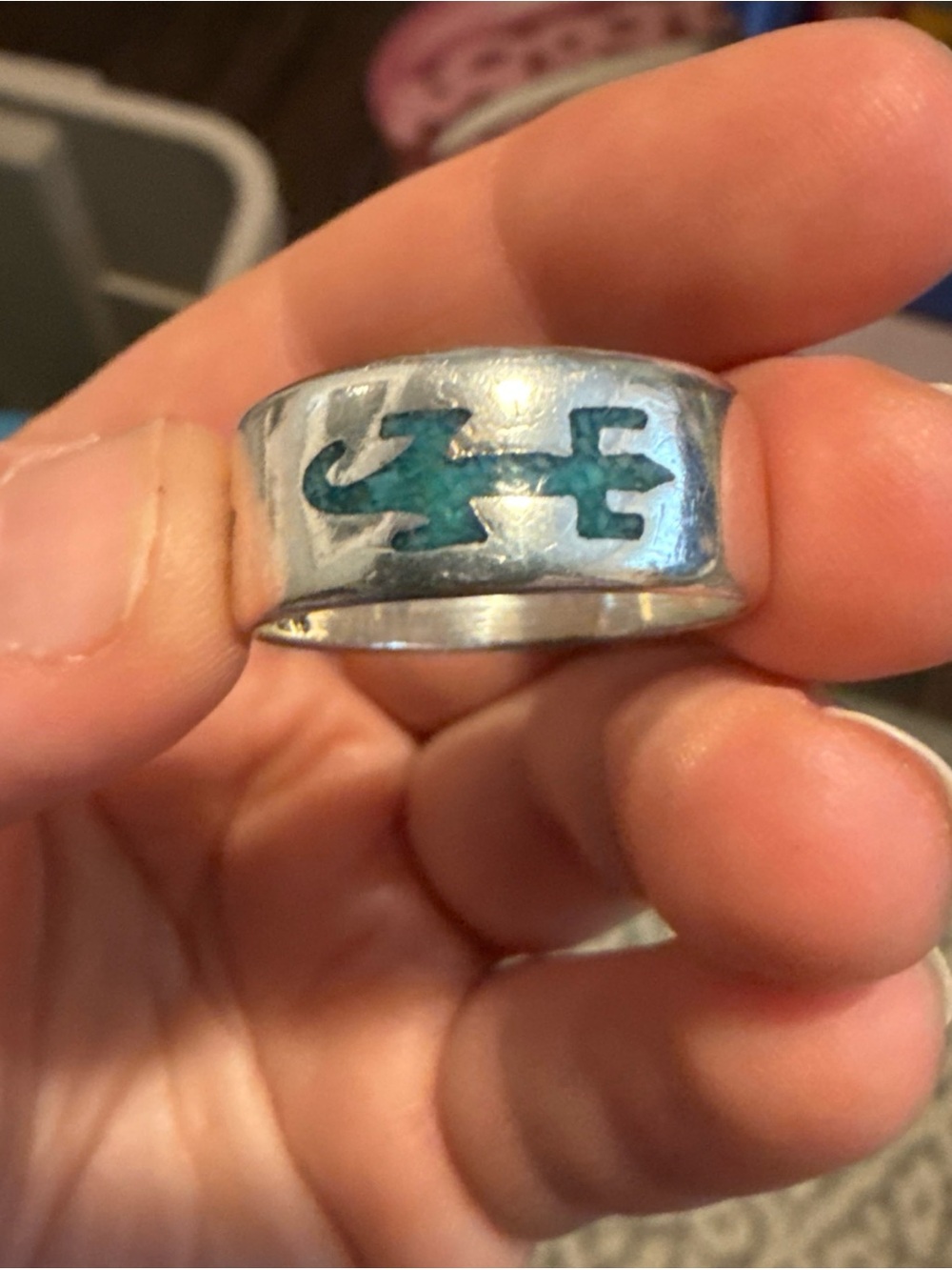 Size 9 - Turquoise inlay sterling silver marked Gecko Band jewelry ring vintage